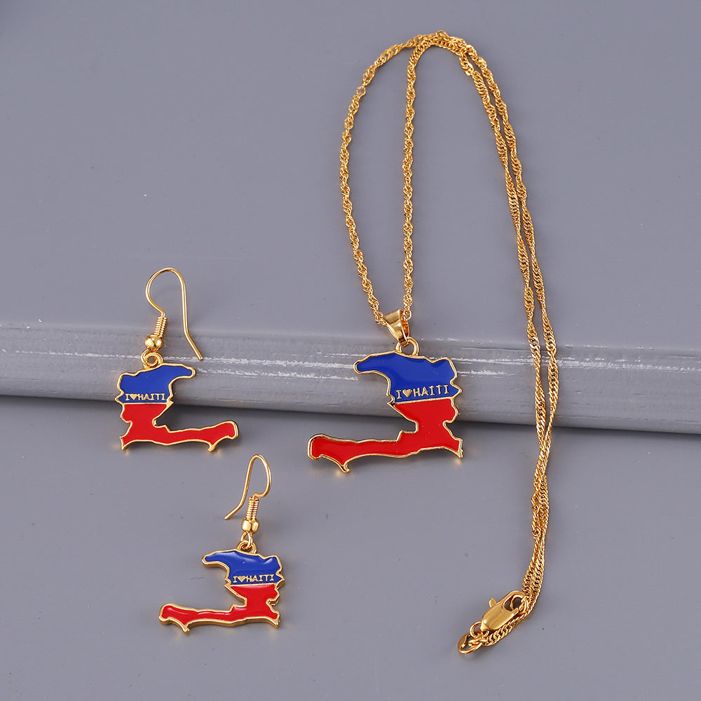 Haiti Map Flag Earrings & Necklace
